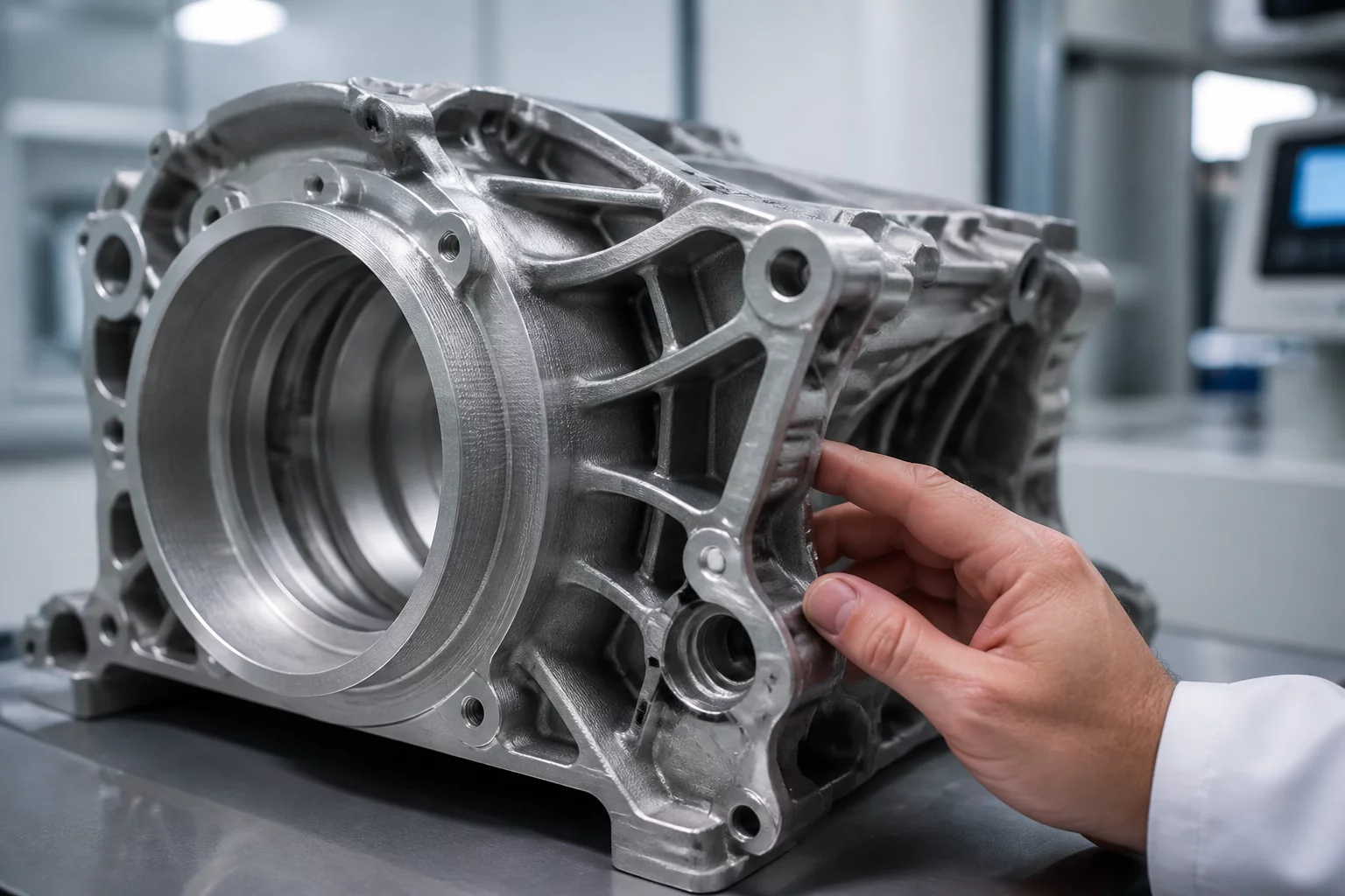 Close-up inspection of high-precision manufactured part under professional lighting